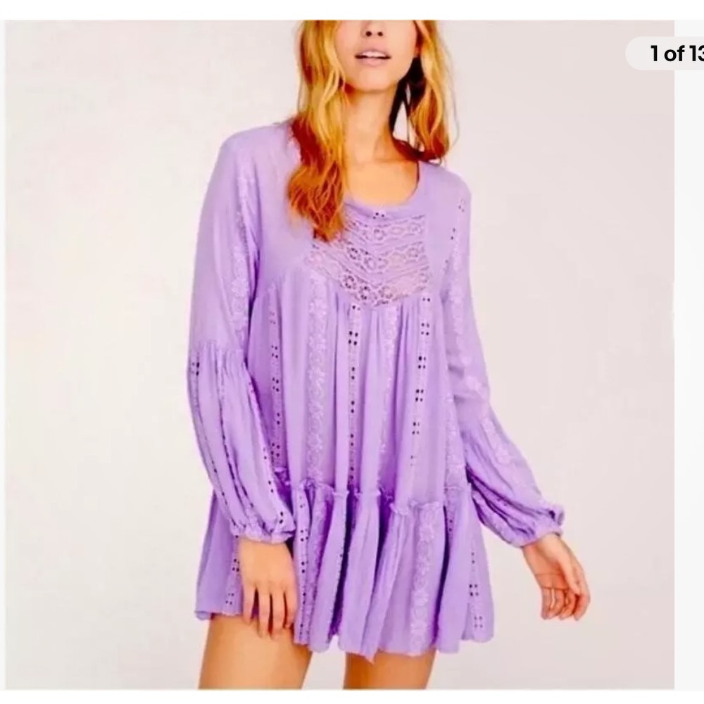 Free People Kiss Kiss Eyelet Embroidered Long Sleeve Babydoll Mini Dress Purple